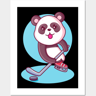 Cute Kawaii Panda Playing Ice Hockey Posters and Art